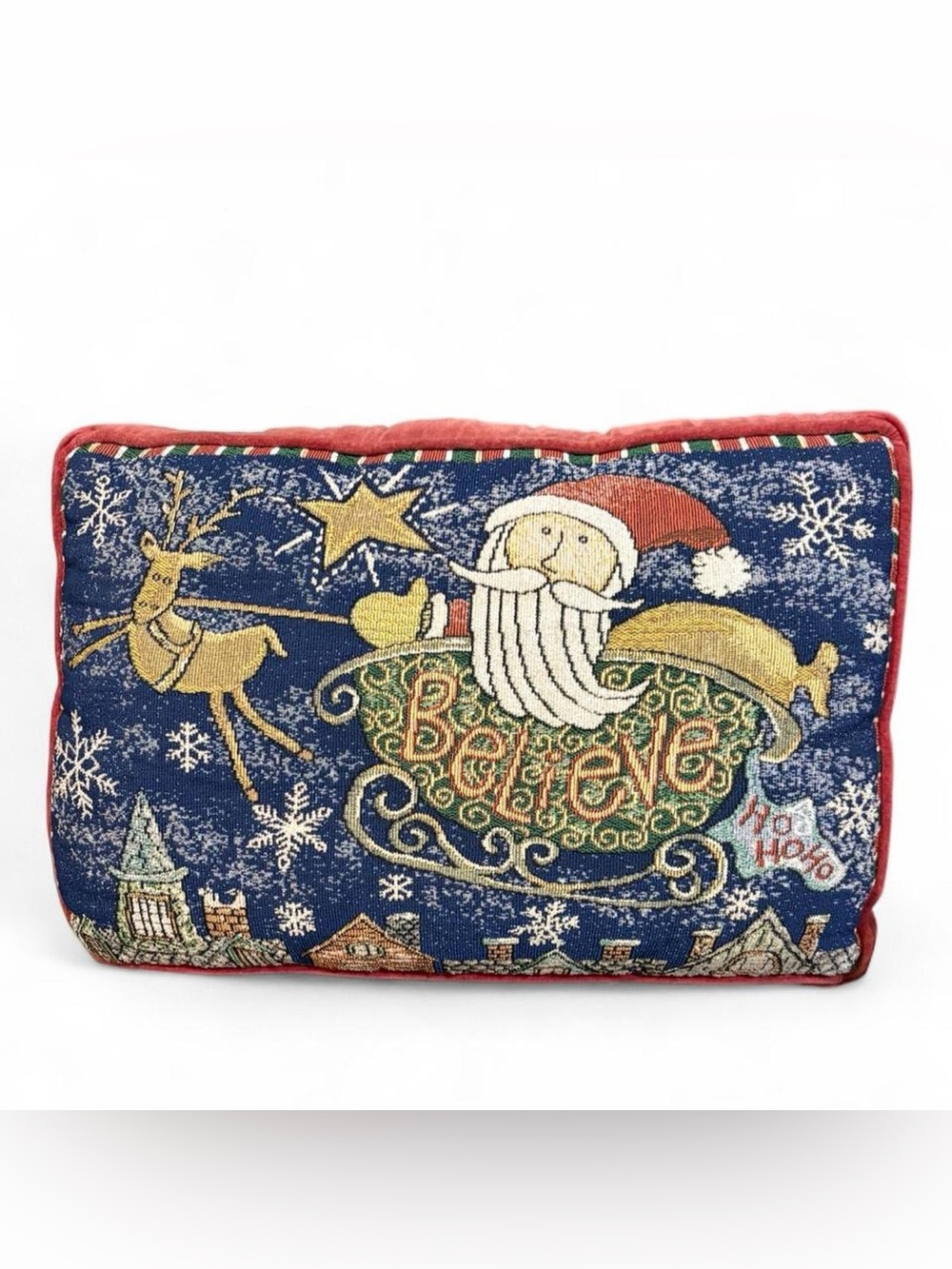 Holiday Tapestry Santa Sleigh Decorative Pillow - Blue and Red Velvet 12x18